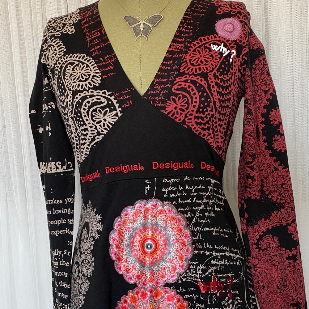 Desigual Black and Red Artistic Long Sleeve Dress Fit & Flare Midi V-Neck Med - Picture 4 of 17